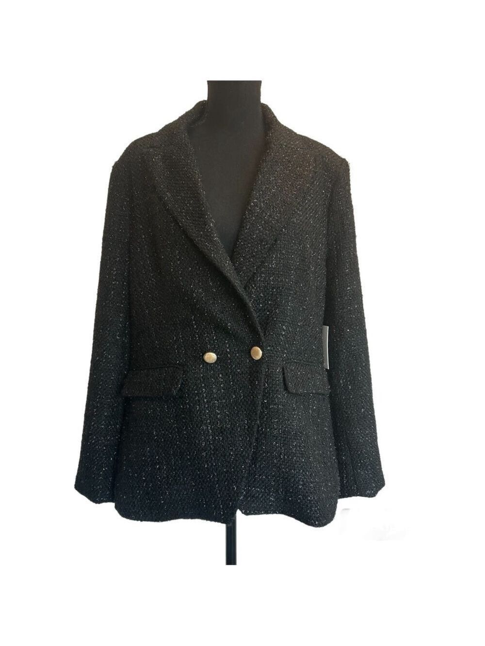 Jason Wu metallic black tweed double breasted blazer Sz L NWT